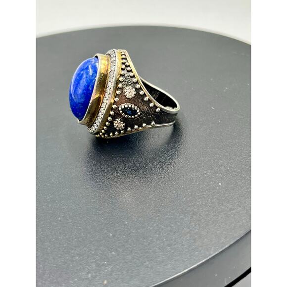 JAS Turkey Sterling Silver Lapis Lazuli, CZ, Blue Sapphire Two Tone Ring Sz 8 - Picture 12 of 13